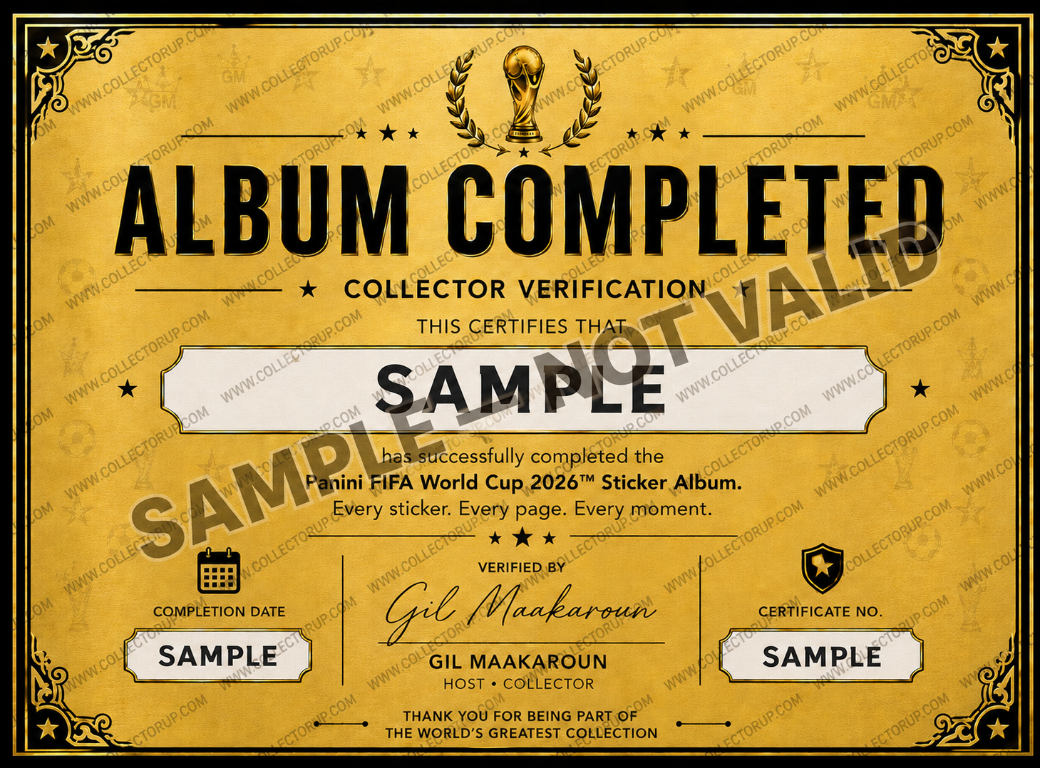 Official CollectorUp Hardcover Certificate — Sample Preview