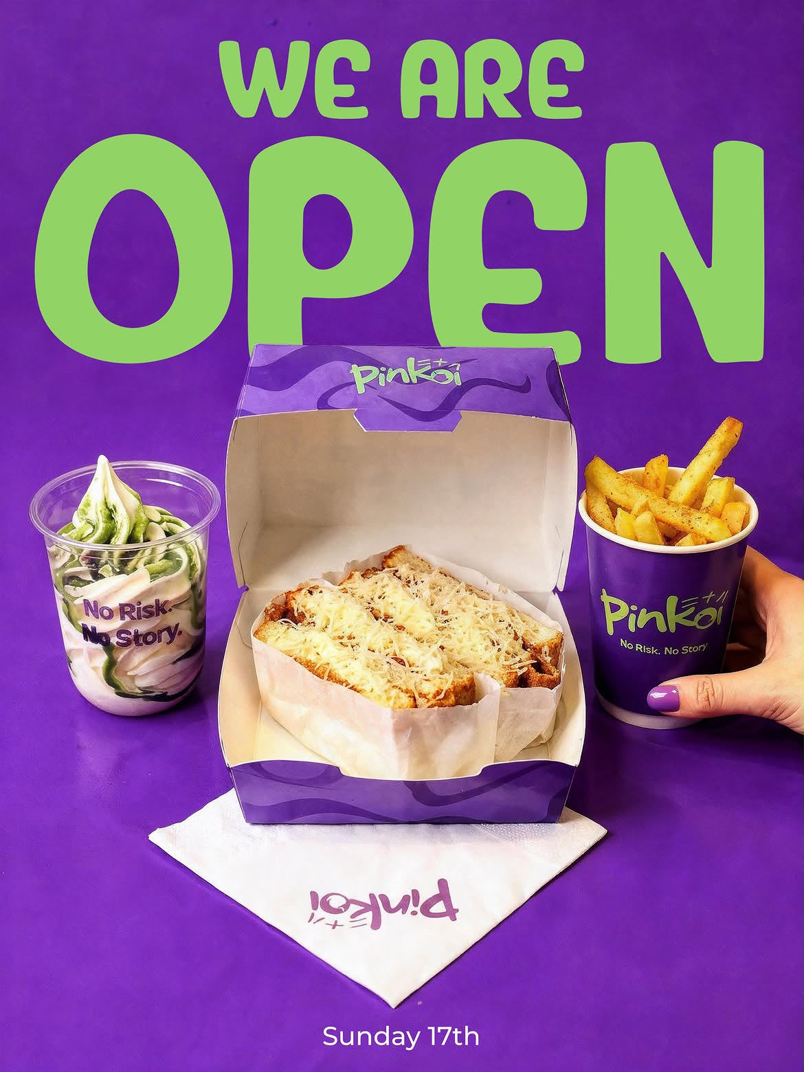 We Are Open till midnight poster with sando box and fries