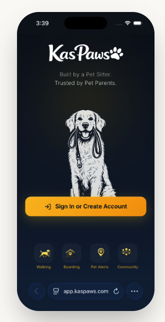 KasPaws Mobile App - Sign in screen with dog illustration