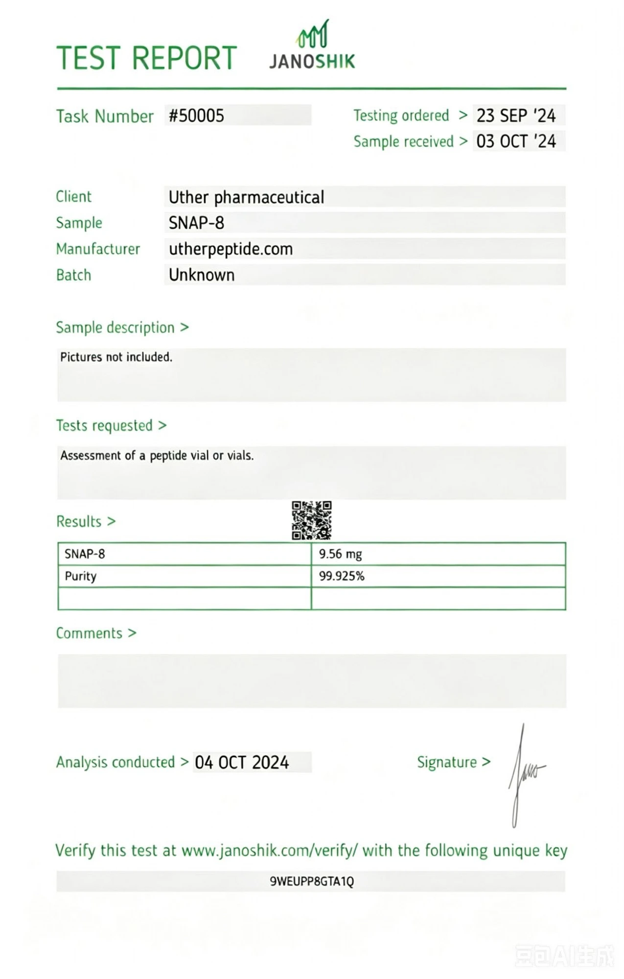 CoA for SNAP-8 (Acetyl Octapeptide-3) batch SN10-2024001