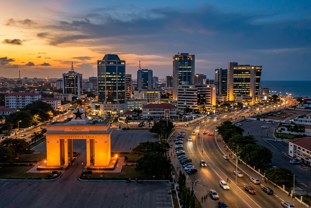 Independence Arch and the Accra skyline at dusk, Ghana