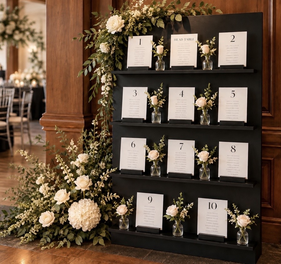Black wooden tiered seating chart display styled with ivory roses, hydrangeas, cascading greenery and coordinating floral bud vases at a Northern Illinois wedding