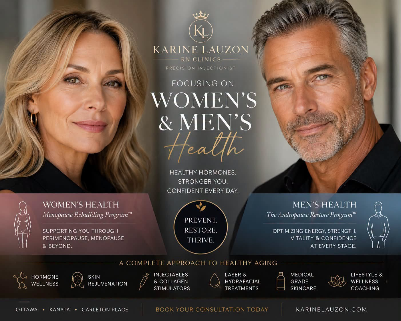 Karine Lauzon RN Clinics — Focusing on Women's and Men's Health. Menopause Rebuilding Program and Andropause Restore Program. Prevent. Restore. Thrive.