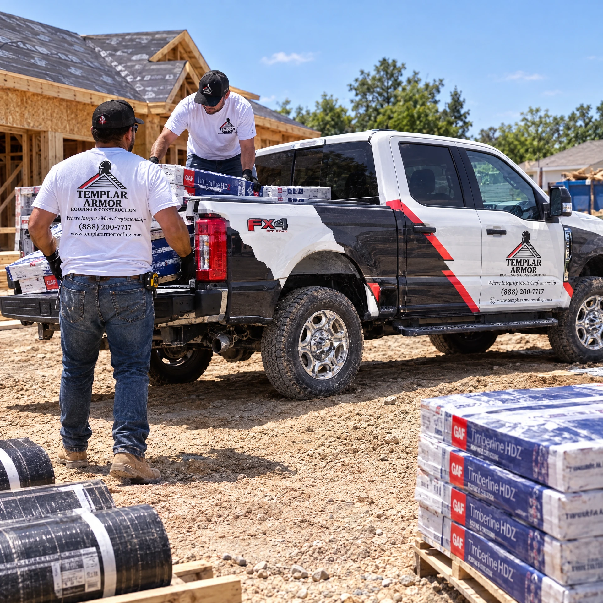 Templar Armor crew loading GAF Timberline shingles from a branded truck at a construction site