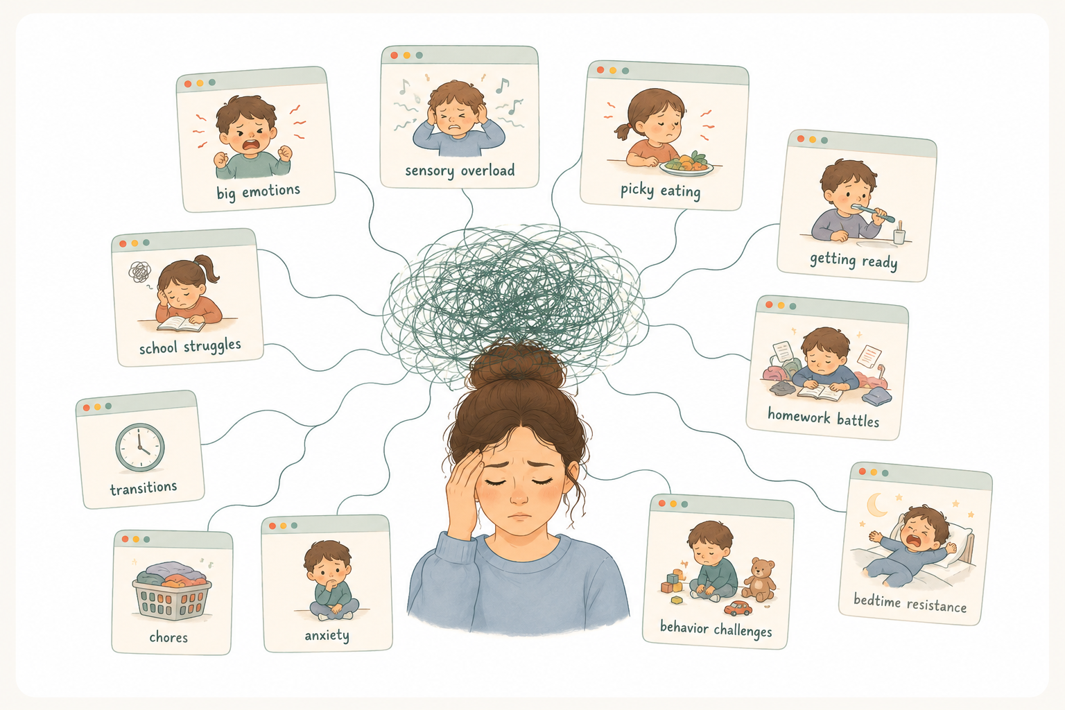 A parent with a tangled mental-load illustration overlaid, showing all the parenting tasks they juggle — Growing Balanced turns this into an organized toolbox.