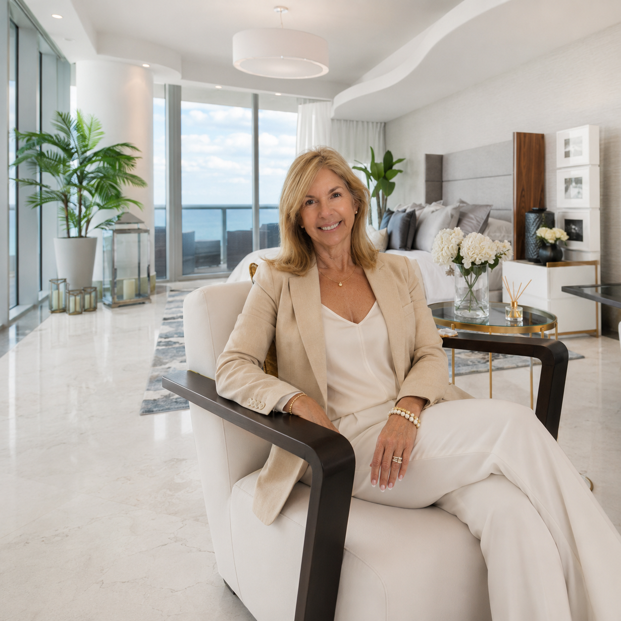 Rosalinda Fonseca en living room elegante con orquídeas