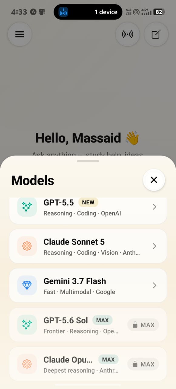 Model selector — models real Orlis AI app screenshot