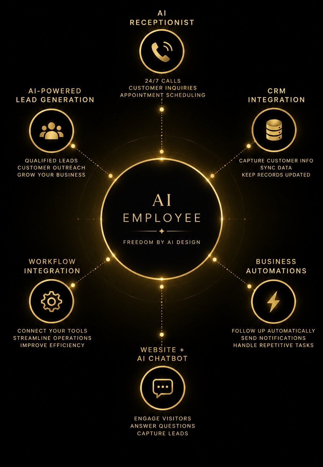 AI Employee by Freedom By AI Design connecting AI Receptionist, CRM Integration, Business Automations, Website + AI Chatbot, Workflow Integration, and AI-Powered Lead Generation