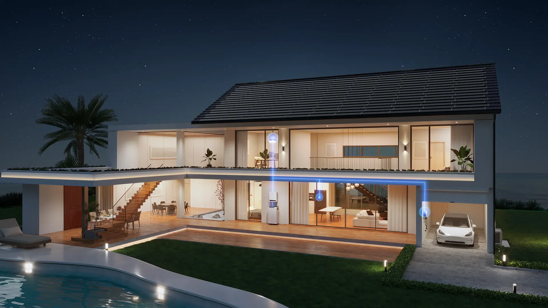 Premium modern home at night with energy-flow visualisation between solar, battery and EV
