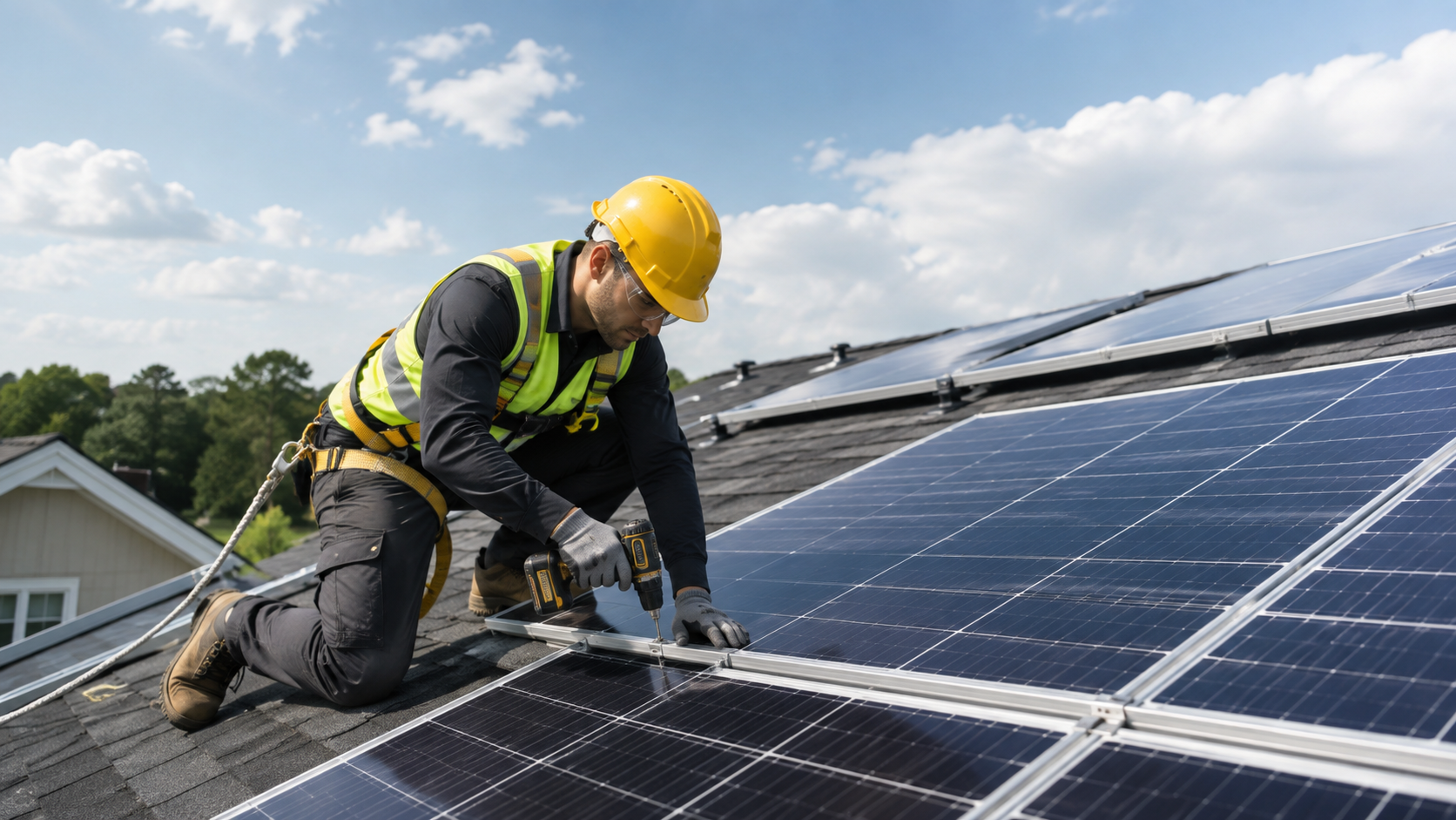 Technician installing residential rooftop solar panels