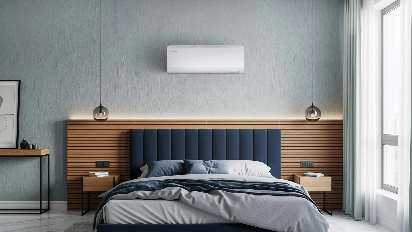 Modern bedroom with wall-mounted split system air conditioner