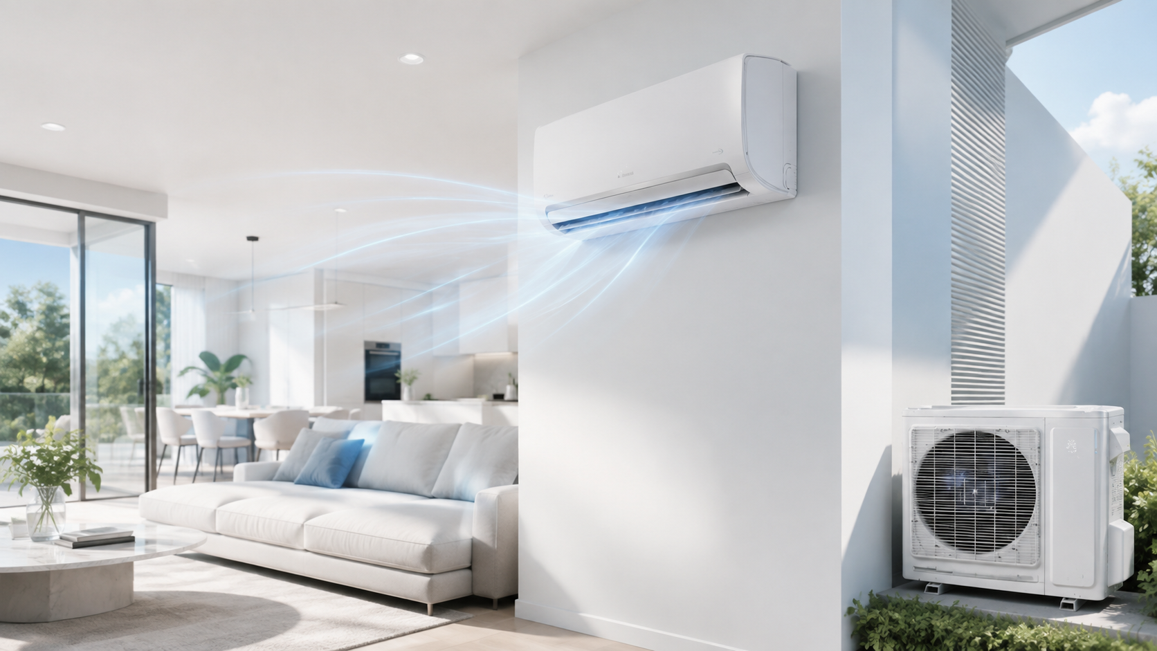 Modern Australian living room with a wall-mounted split system air conditioner