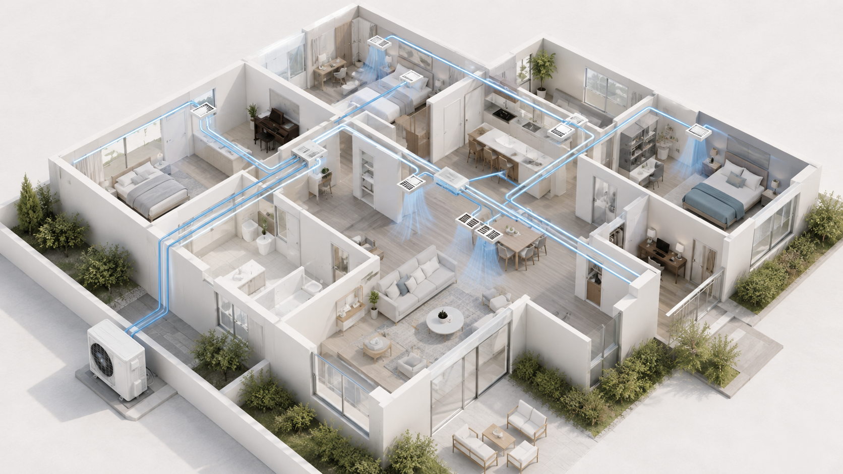 Architectural cutaway showing ducted air conditioning airflow through a modern home
