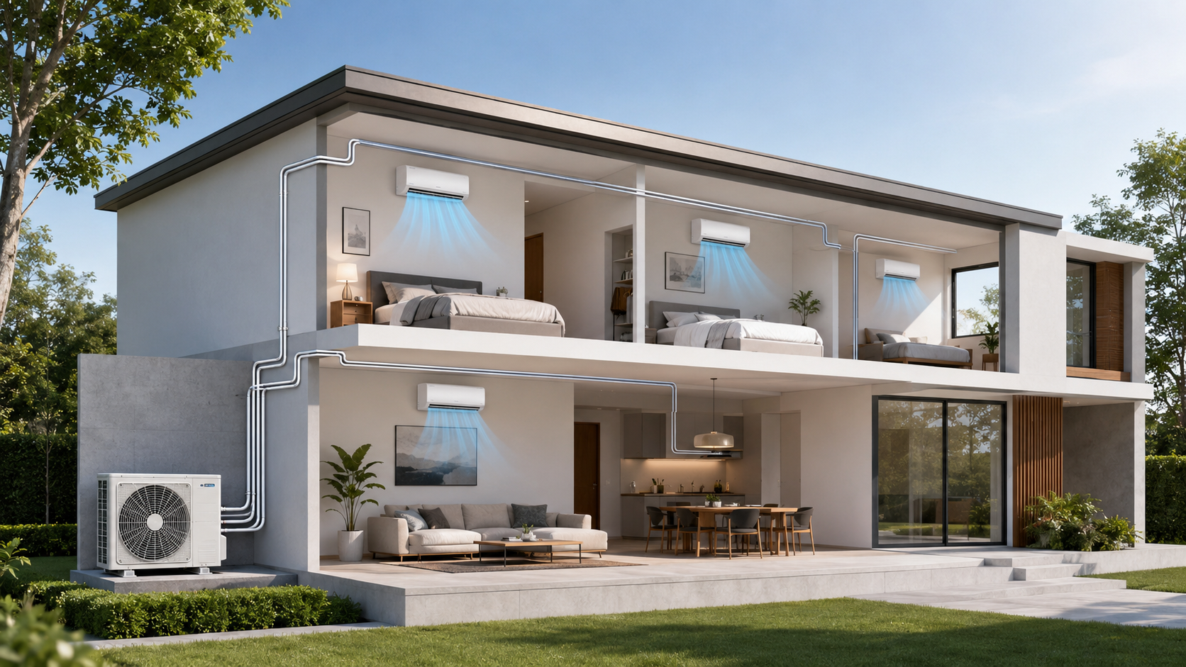 Cutaway view of a modern two-storey home showing multiple indoor split-system heads connected to a shared outdoor condenser