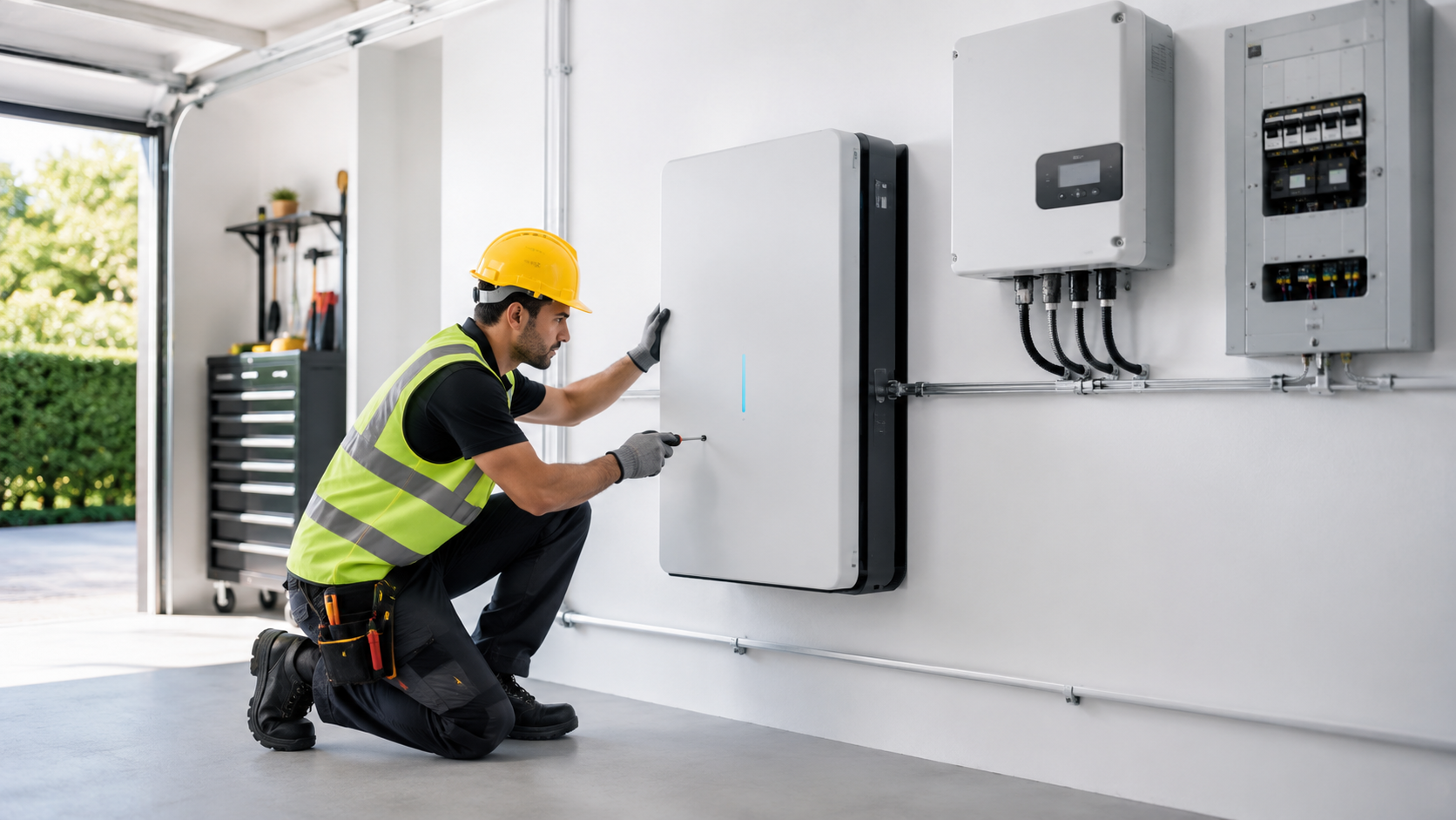 Technician installing a modern wall-mounted battery and inverter