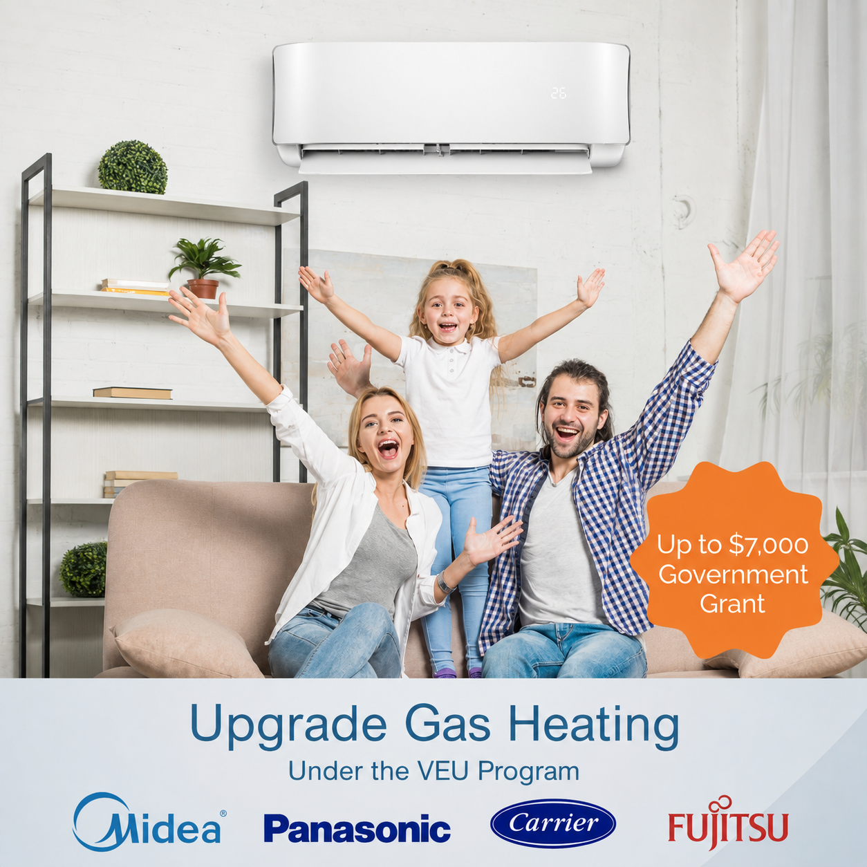 Modern living room with a wall-mounted split system air conditioner and a family enjoying the cool comfort