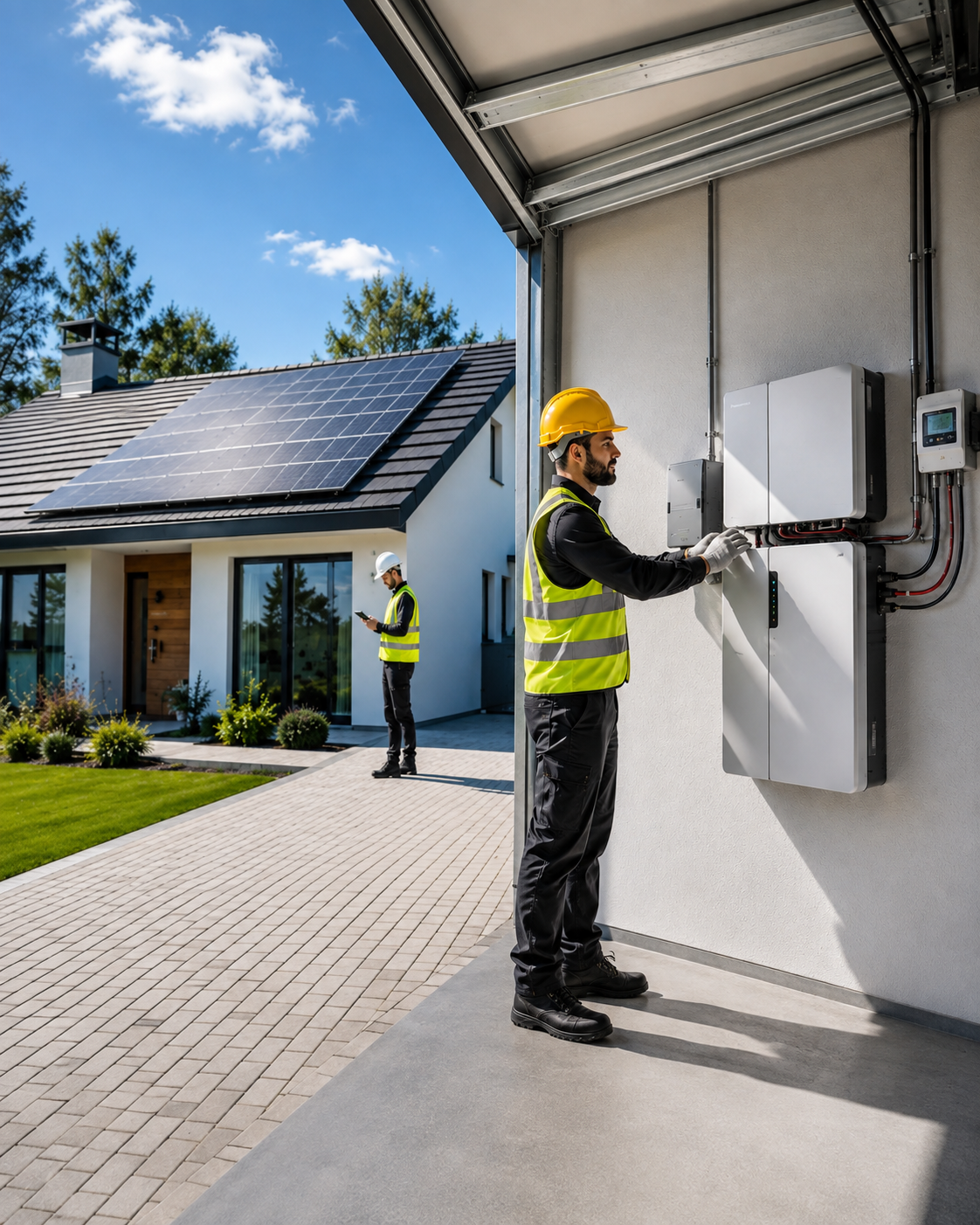 Modern home with rooftop solar and a technician installing a battery system in the garage