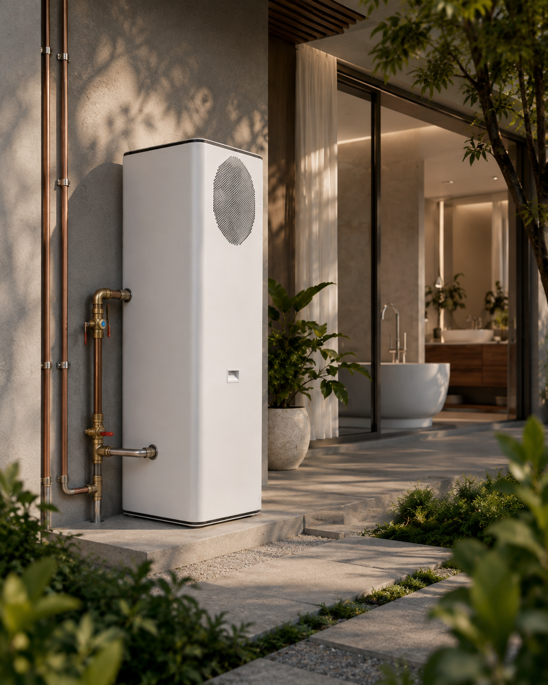 Modern white heat pump hot water unit outside a premium home with copper piping and a spa bathroom visible through the doorway