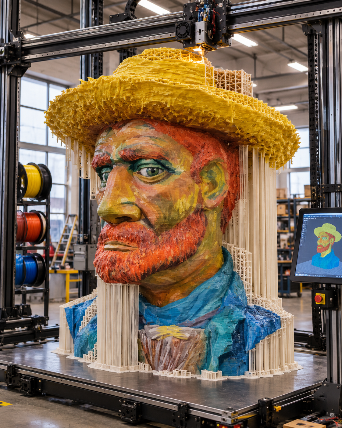 Stampante 3D di grande formato che realizza un grande mascherone di Carnevale, con layer di stampa visibili