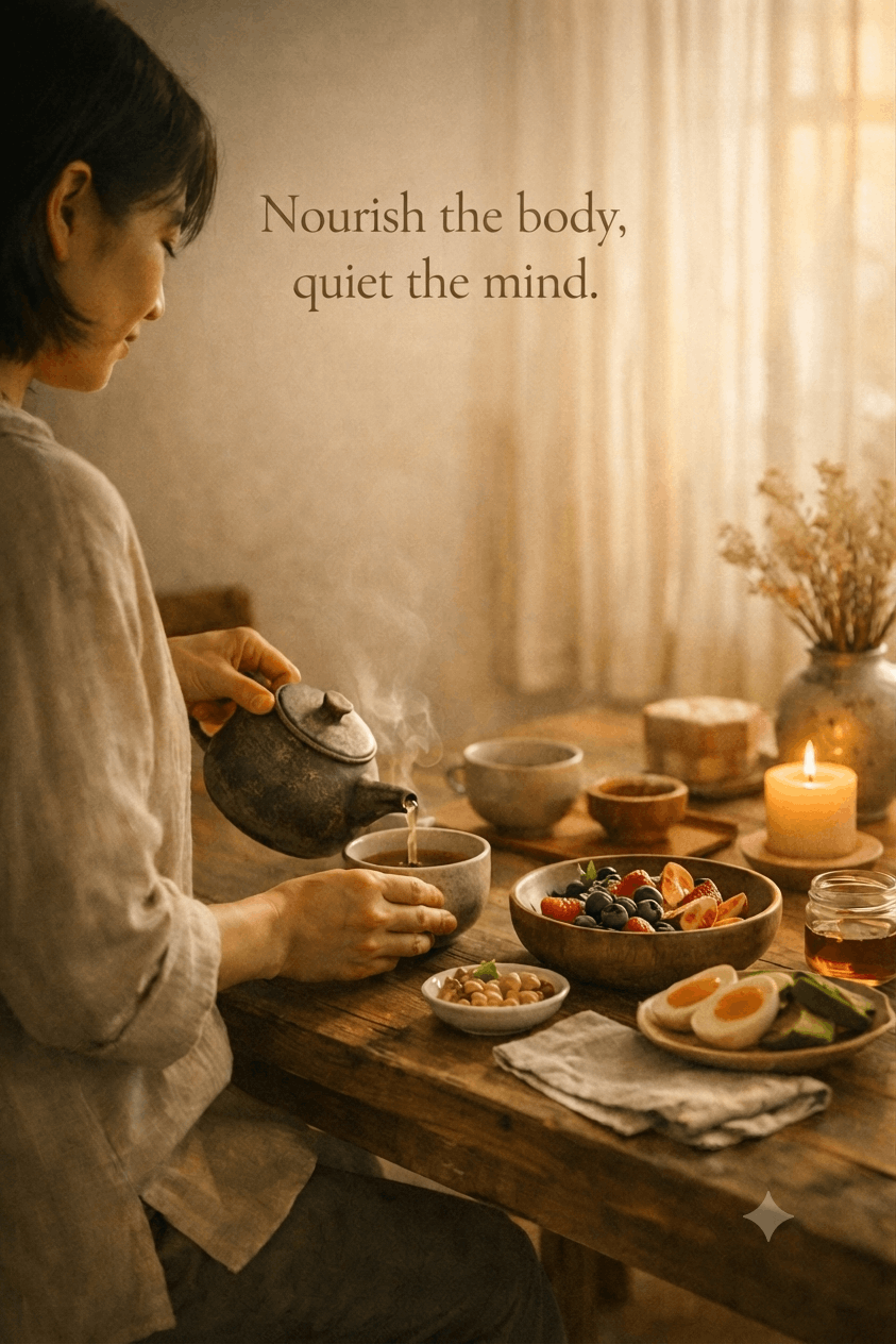 A woman in profile pours steaming tea from a dark textured teapot into a ceramic cup, a lit candle and a table of halved eggs, berries, honey and nuts spread before her in soft window light — the words "Nourish the body, quiet the mind." set into the warm air above.
