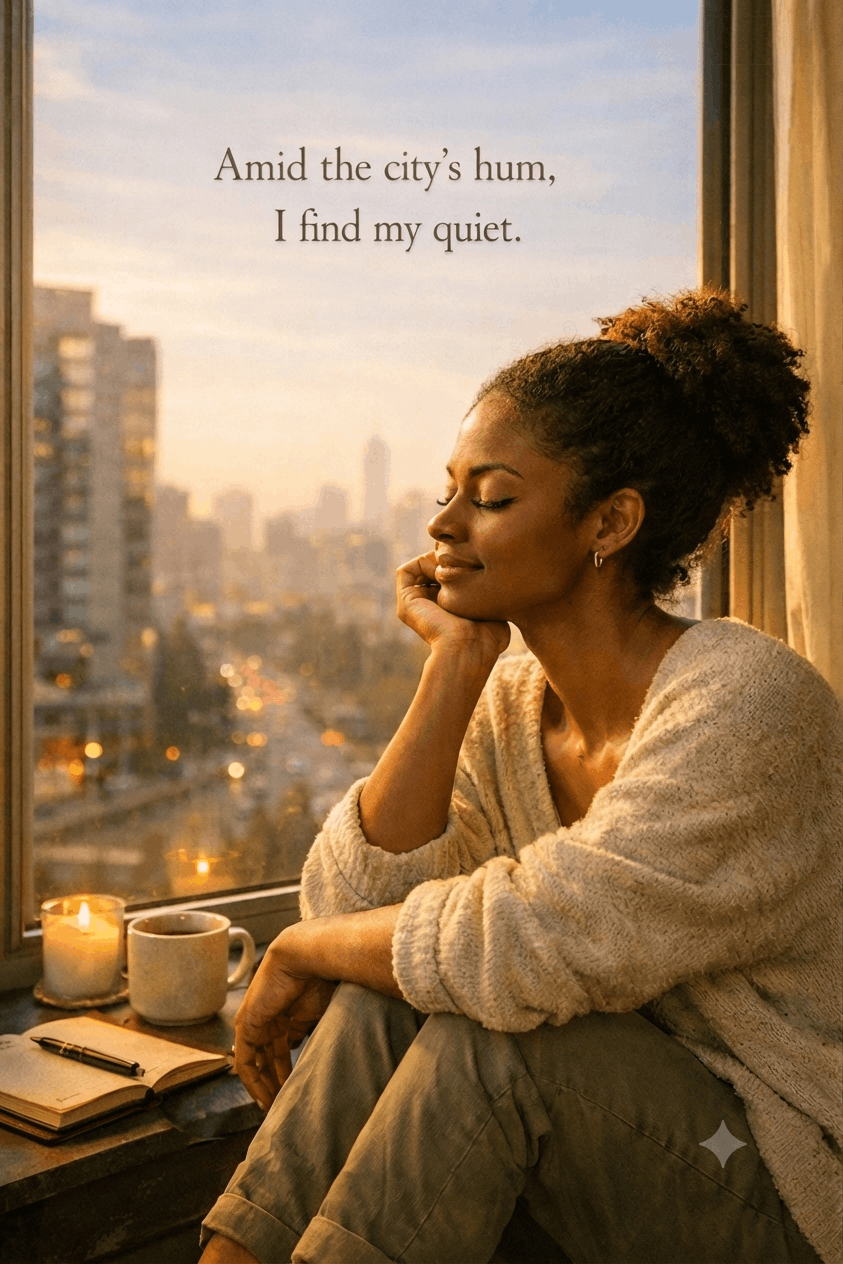 A young woman in a cream sweater and olive trousers rests on a windowsill at golden hour, eyes gently closed and head cradled in her hand, a candle, an open journal and a warm mug on the sill beside her as the city skyline glows softly through the glass — the words "Amid the city's hum, I find my quiet." set into the sky above.