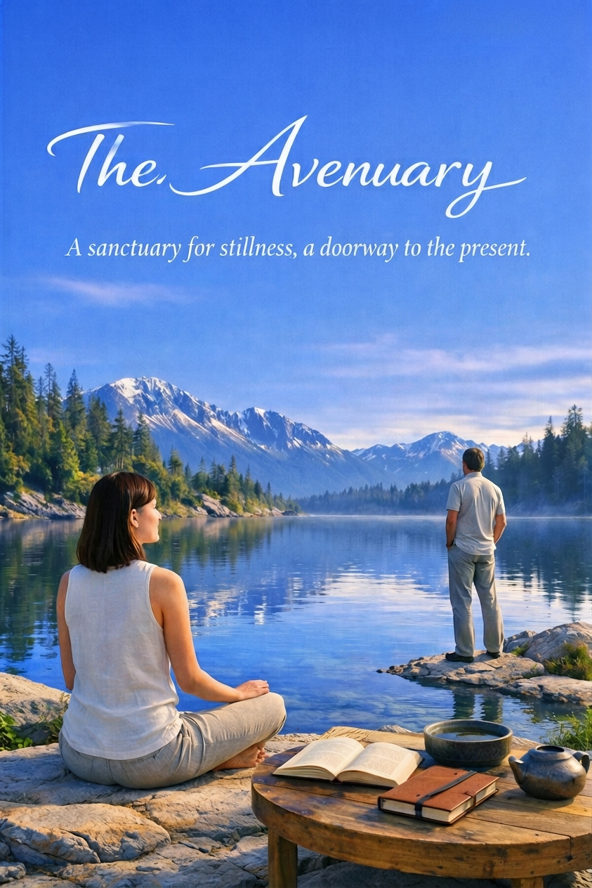 A woman sits cross-legged on a stone shore at dawn while a companion stands quietly at the water’s edge, both facing a still alpine lake mirrored under snow-capped mountains — a wooden table in the foreground holds an open journal, a leather-bound book, a ceramic bowl and a small teapot; the words "The Avenuary — A sanctuary for stillness, a doorway to the present." curve across the vivid blue sky above.