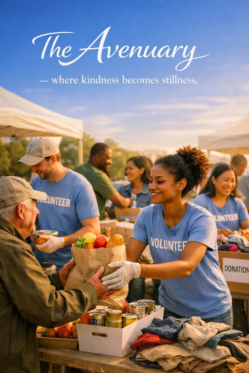 A community food-drive scene at golden hour: volunteers in blue T-shirts pass a paper bag of fruit and bread to an elderly man in a cap while a warm sky glows behind the tents — the words "The Avenuary — where kindness becomes stillness." set into the sky above.