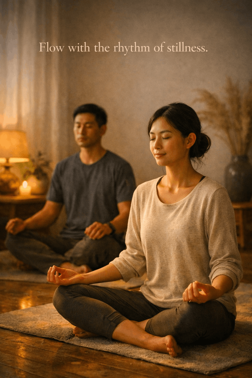 A woman in cream and a man in charcoal grey sit cross-legged on a woven rug, eyes closed and hands resting in a gentle mudra as warm lamplight and diffused window light wrap the room in soft gold — the words "Flow with the rhythm of stillness." set into the quiet air behind them.