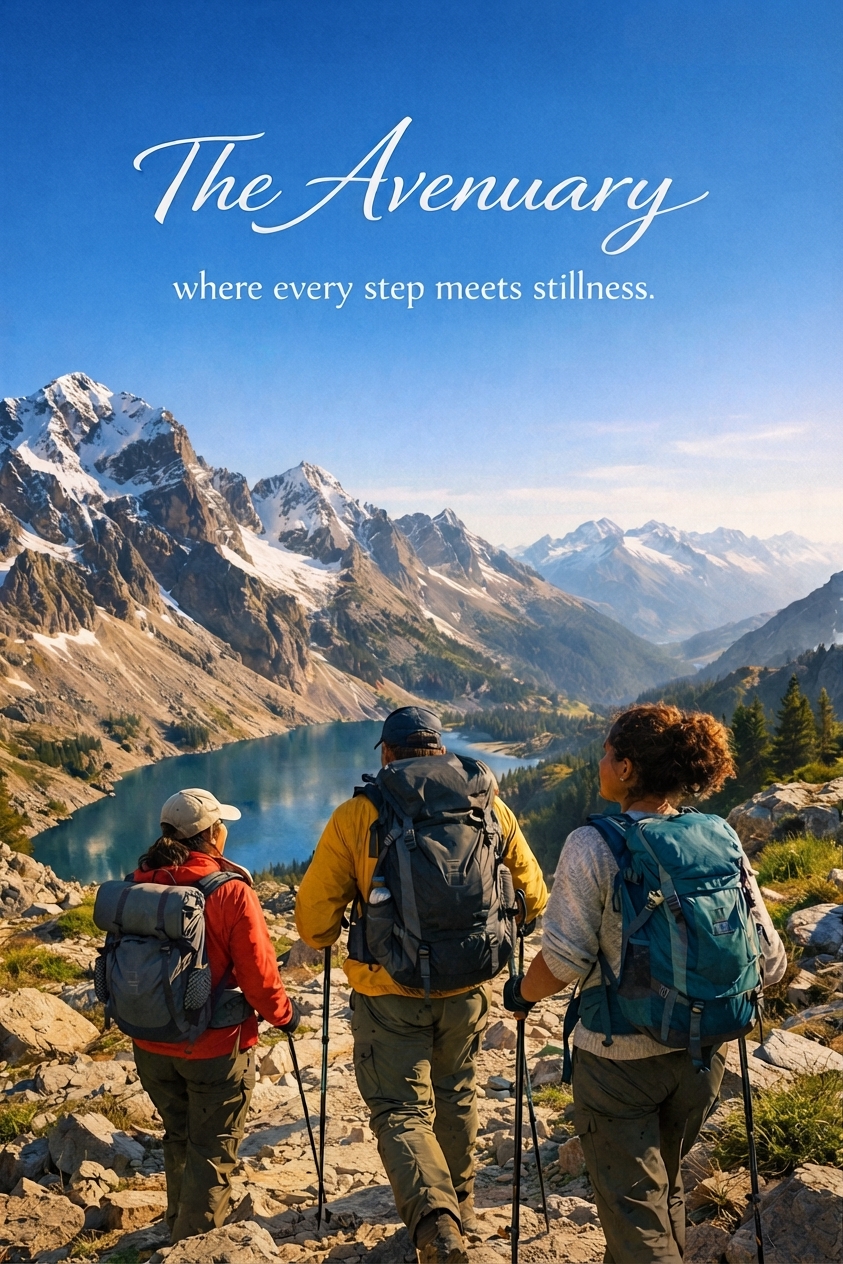 Three hikers with colourful backpacks pause on a rocky mountain trail, looking out over an alpine lake ringed by snow-capped peaks and evergreen forest beneath a vivid blue sky — the words "The Avenuary — where every step meets stillness." set into the sky above.