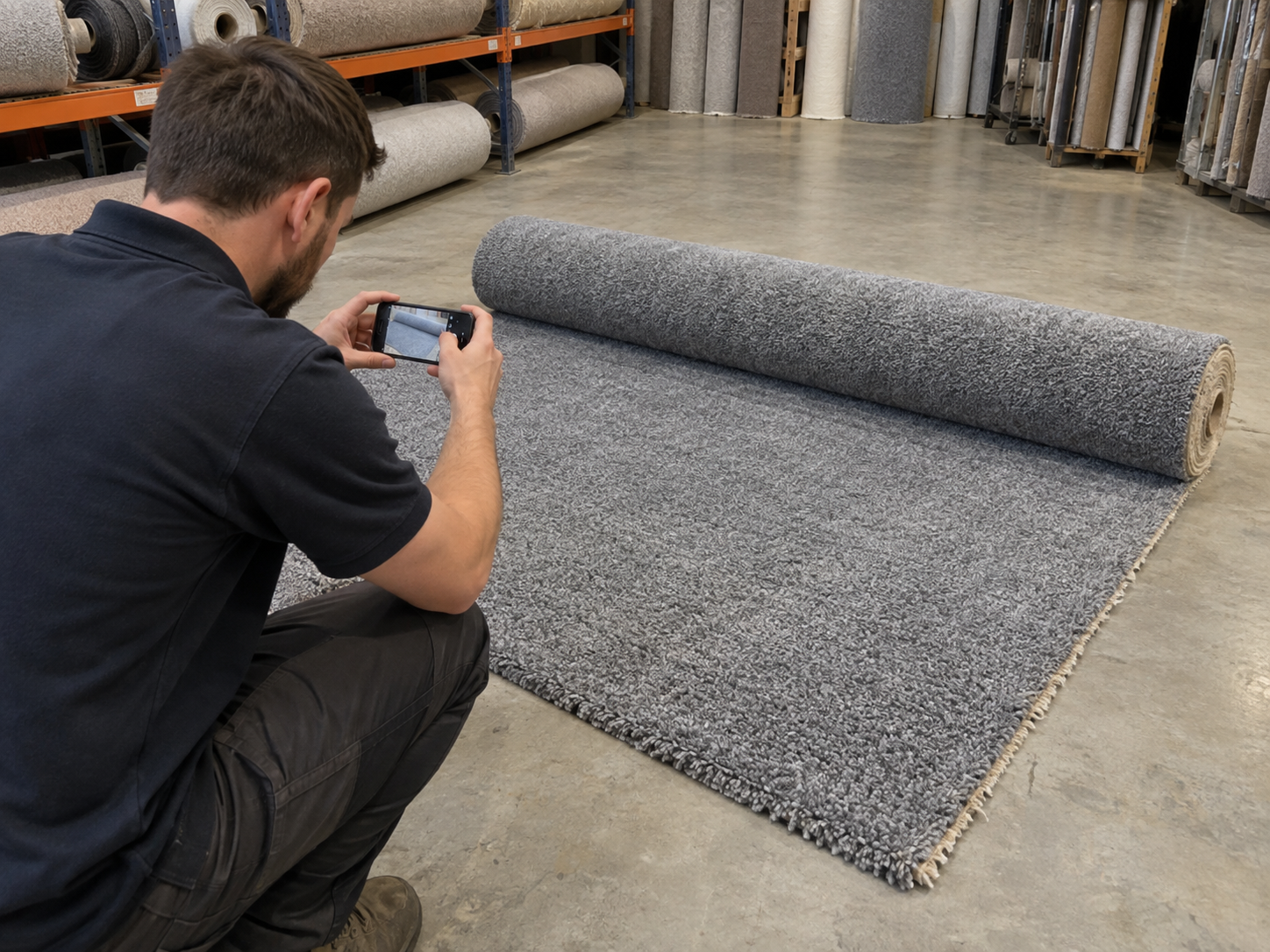 A retailer kneeling on a warehouse floor photographing a rolled-out grey carpet remnant with a phone