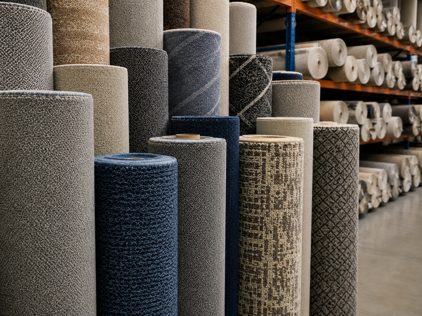 Warehouse stack of surplus carpet rolls in a range of colours, textures and patterns