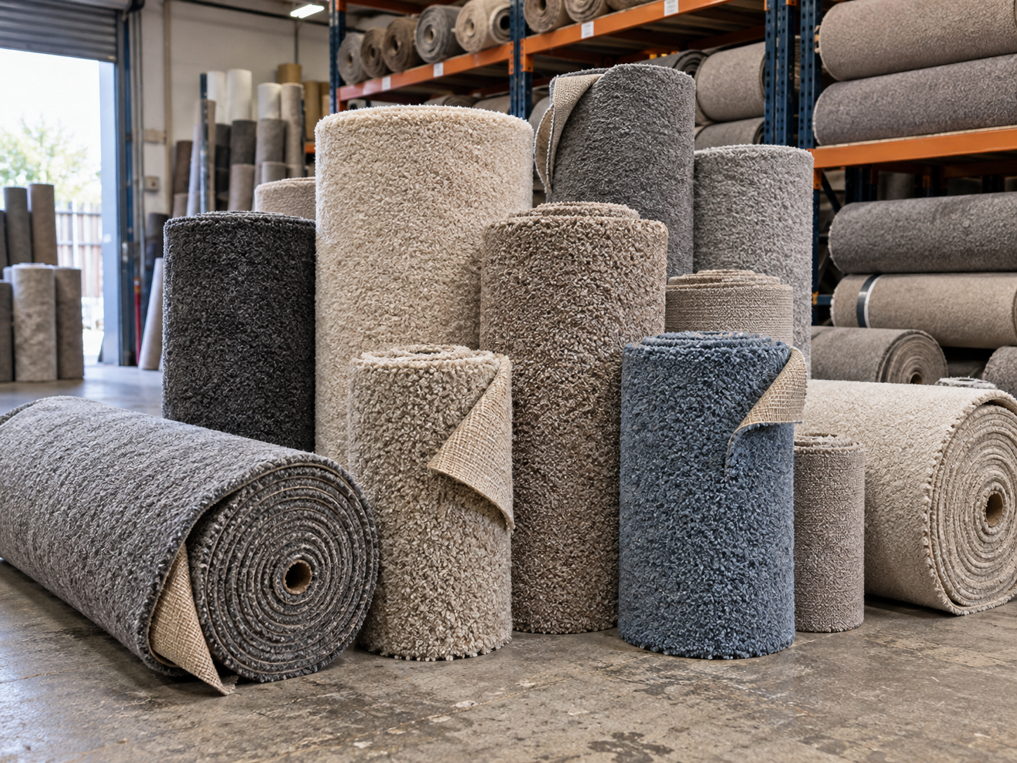 Stacks of surplus carpet rolls in an independent flooring warehouse