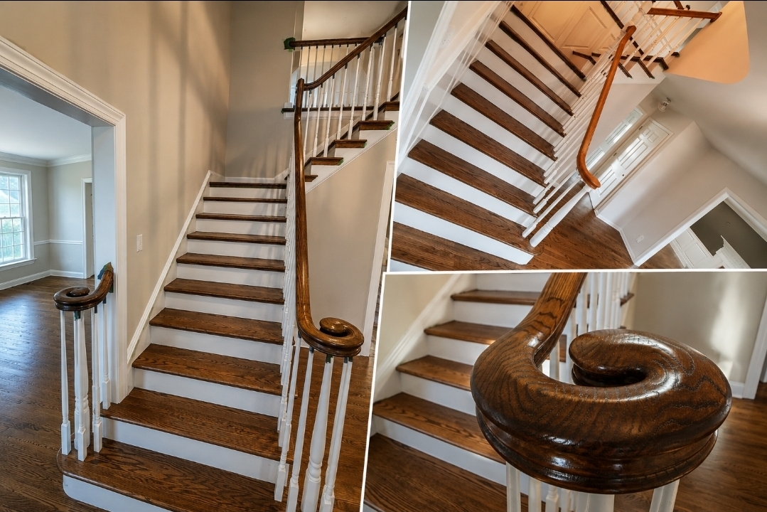 Renovated hardwood stairs with stained treads and white risers