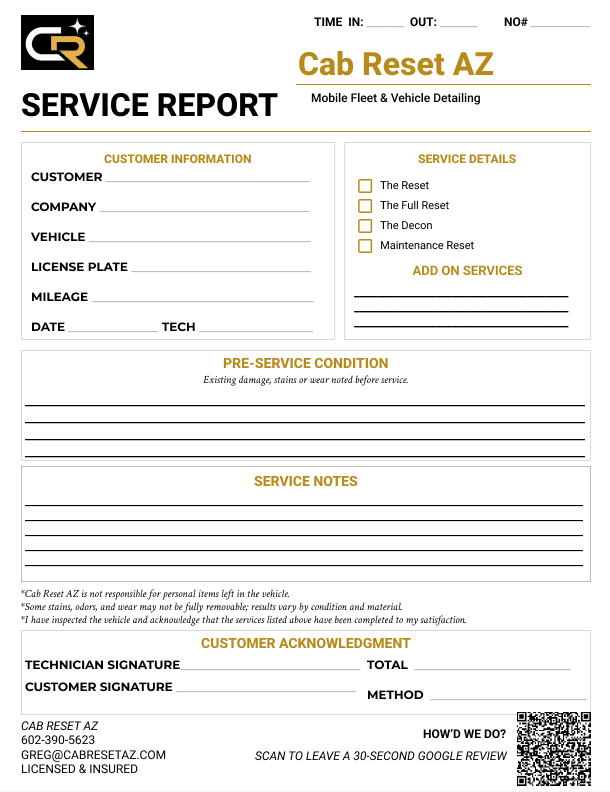 Cab Reset AZ sample service report