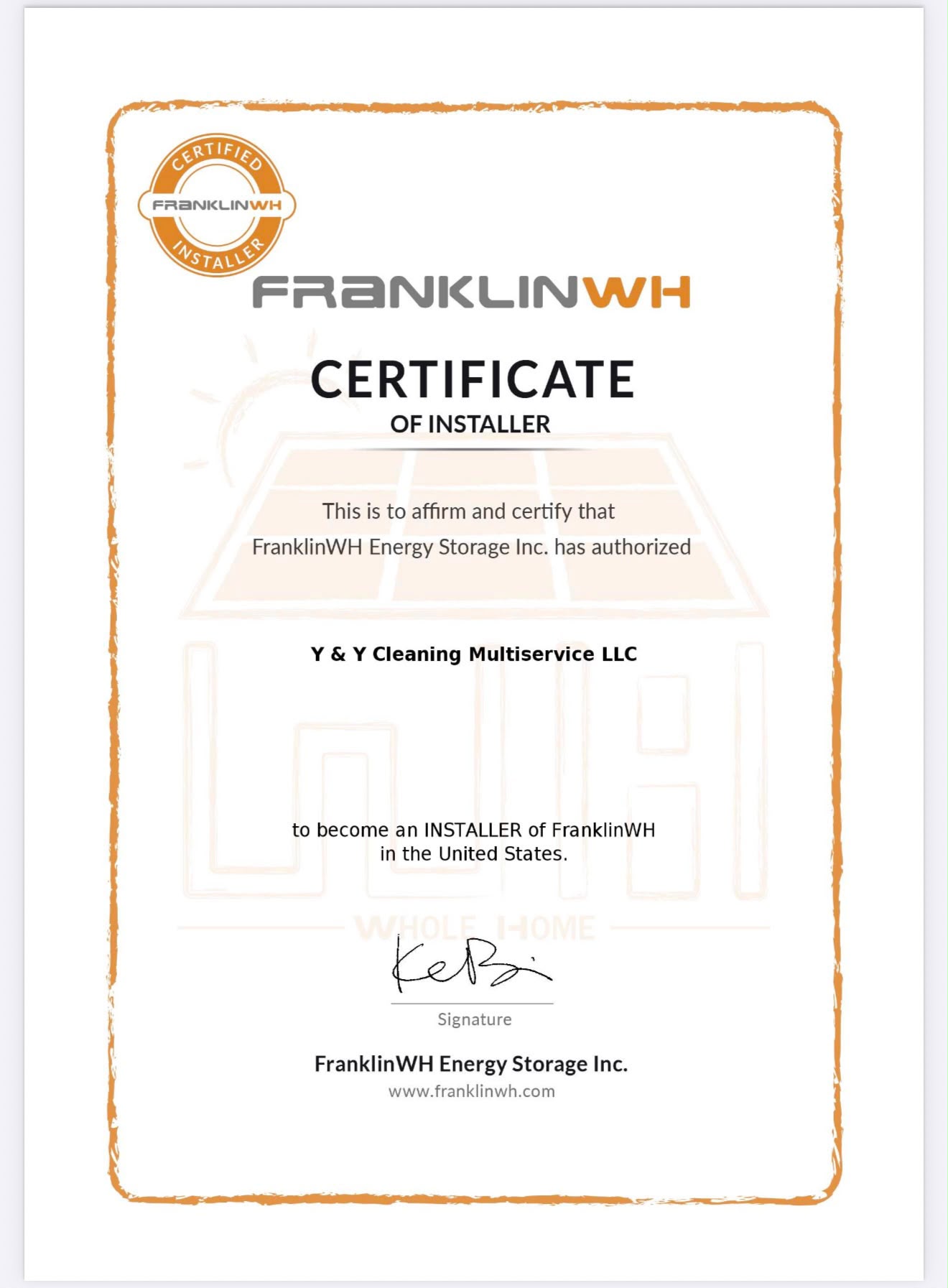Certificate of Installer — Authorized FranklinWH Installer