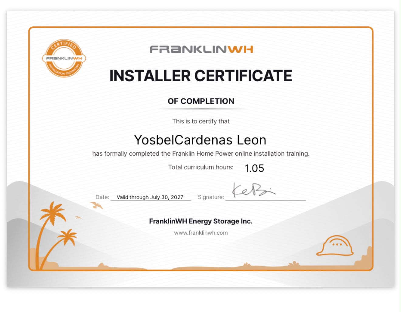 Installer Certificate of Completion — Franklin Home Power