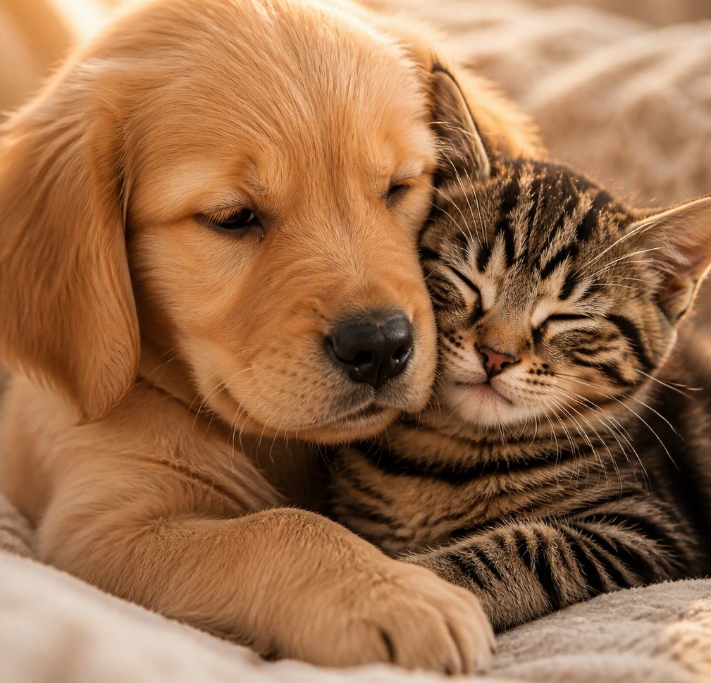 A golden puppy and tabby kitten cuddling