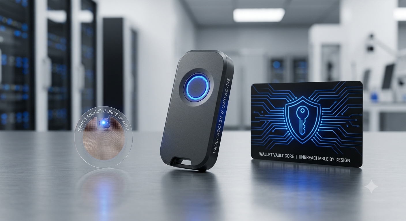 VAULT ACCESS hardware: vehicle anchor, UWB clicker, and wallet vault card