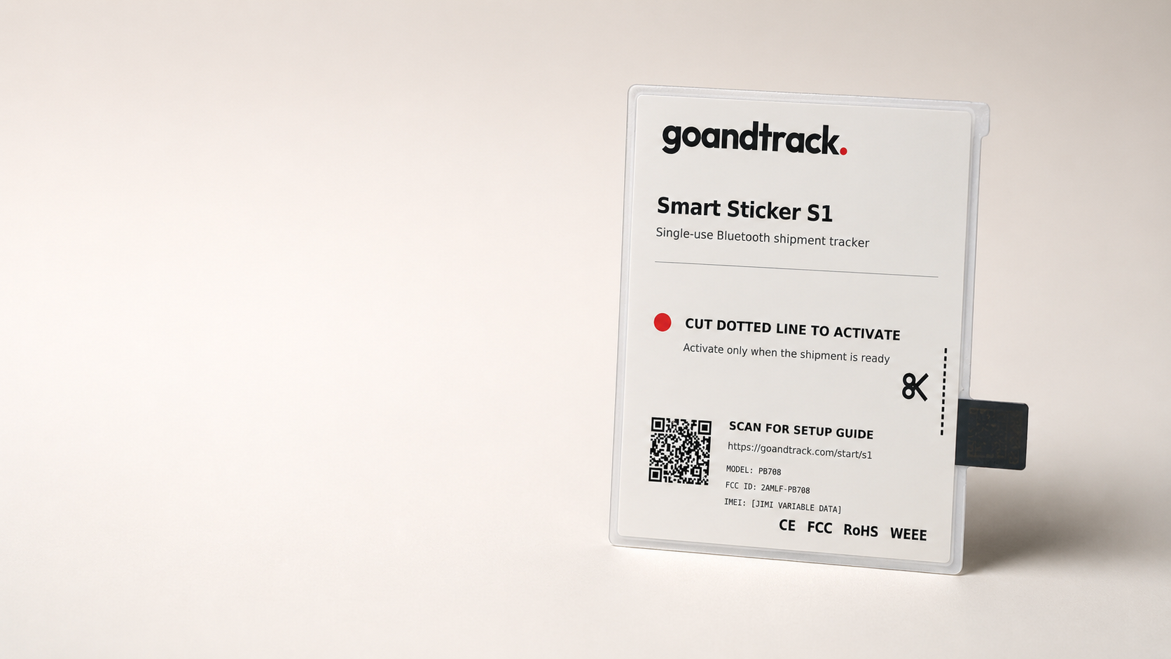 GNTS1 Smart Sticker S1 close-up showing the cut-to-activate tab, QR setup code and CE, FCC, RoHS and WEEE marks