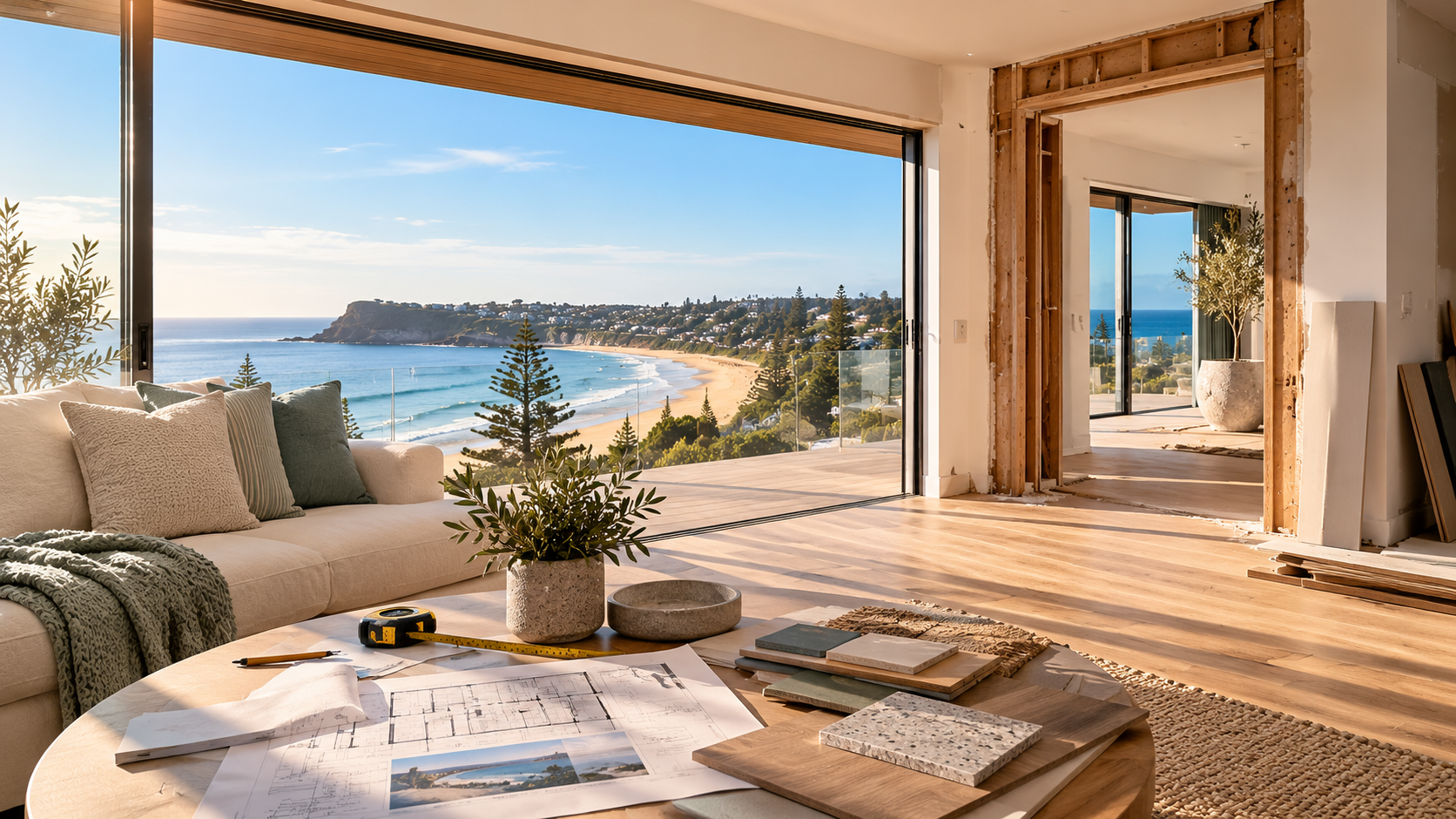 Sunlit coastal NSW home interior with renovation plans and material samples