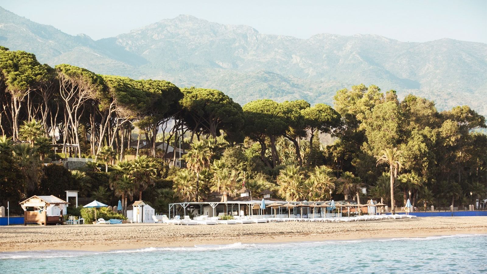 Marbella Club Hotel beach with pine trees and mountains