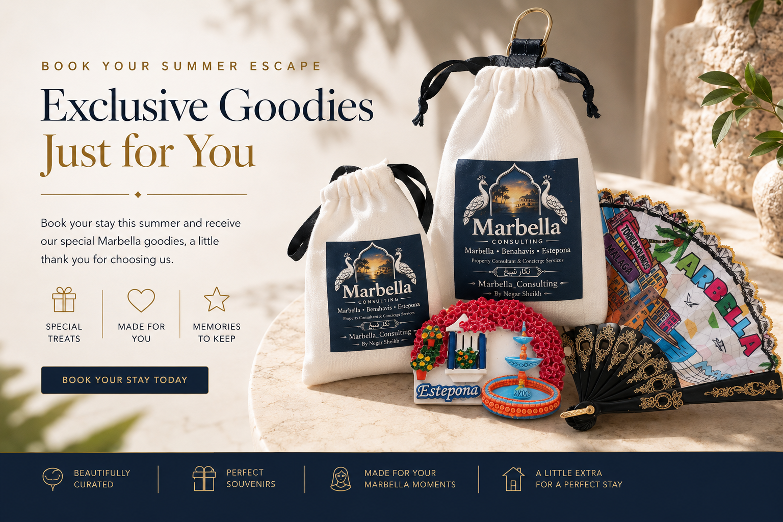 Exclusive Marbella Consulting goodies: gift bags, souvenirs and hand fan