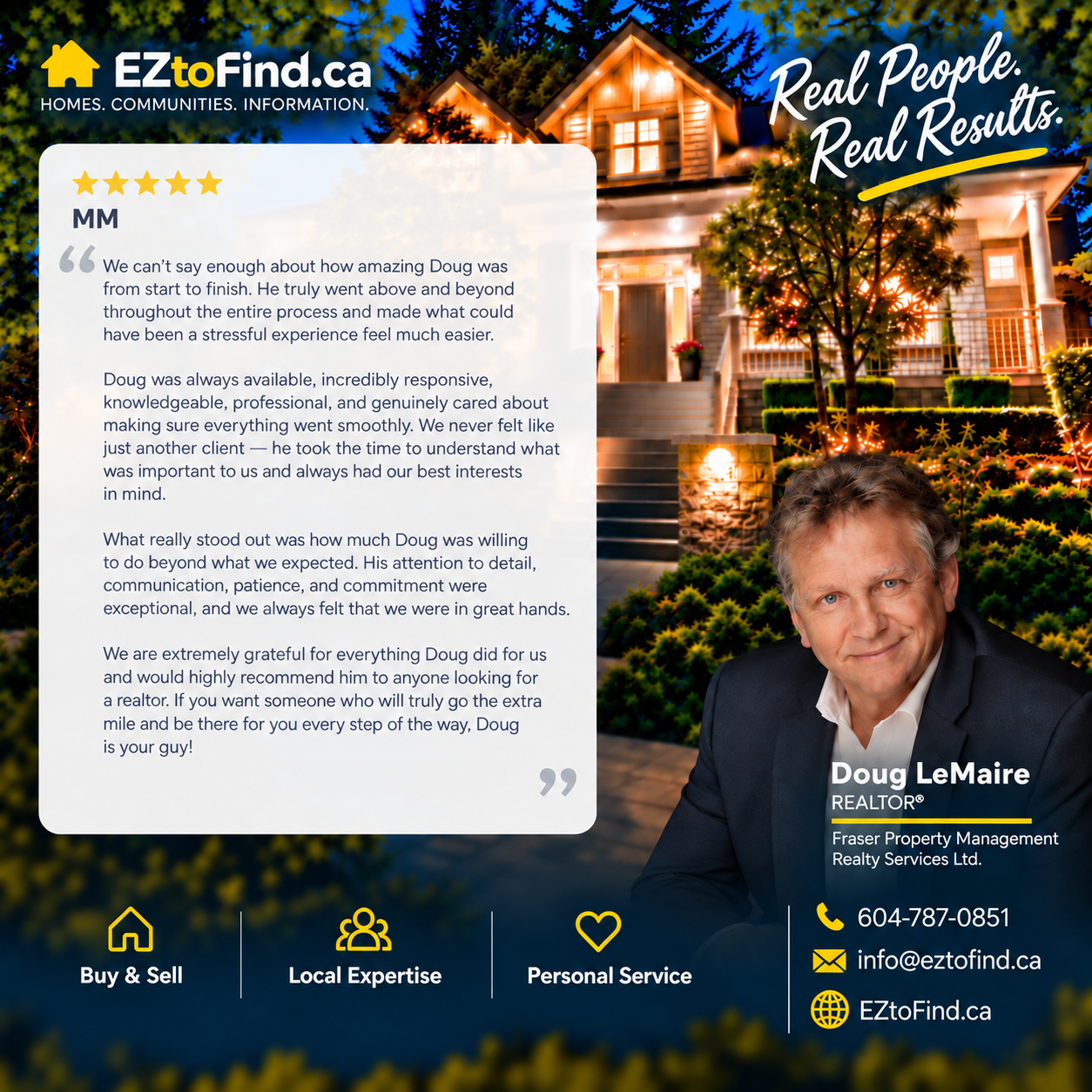 Client review for Doug LeMaire, REALTOR® — EZtoFind.ca. Five-star Google review by MM: Doug went above and beyond, was always available, responsive, knowledgeable and professional. Real People. Real Results.