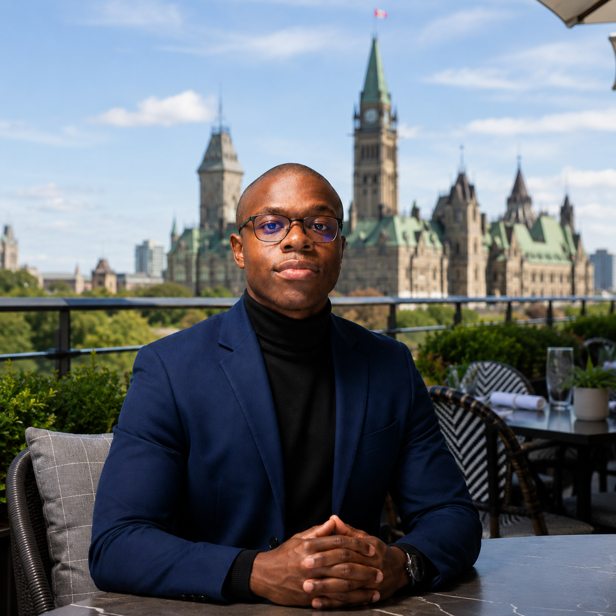 Brunel Wolf Sontia, founder of Valory, on a terrace overlooking Parliament Hill in Ottawa