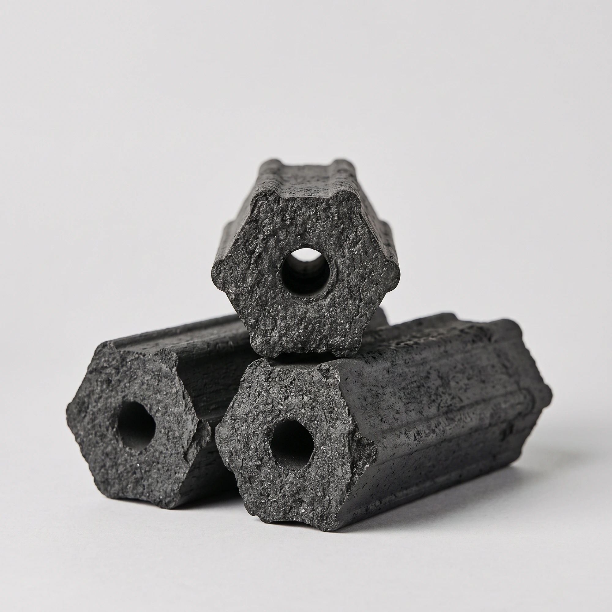 Hexagonal flower coconut shell BBQ charcoal briquette with a central hole