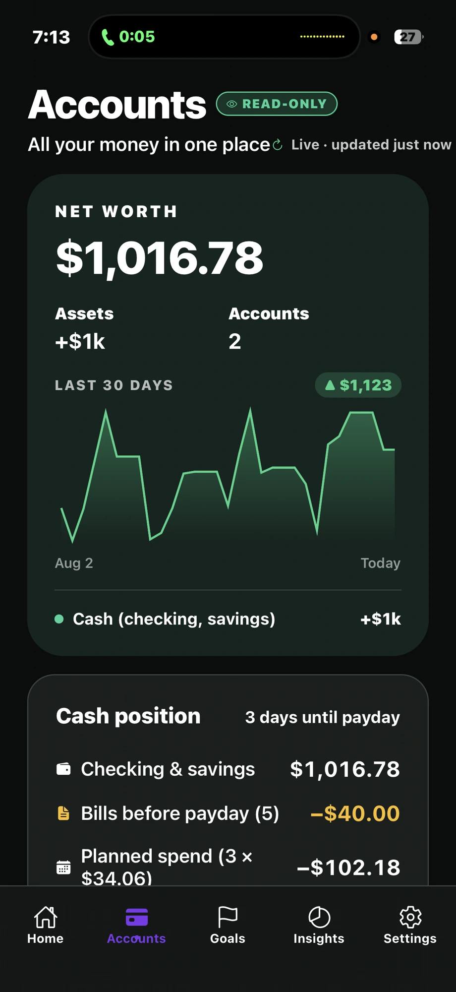 Safe to Spend 365 Accounts screen