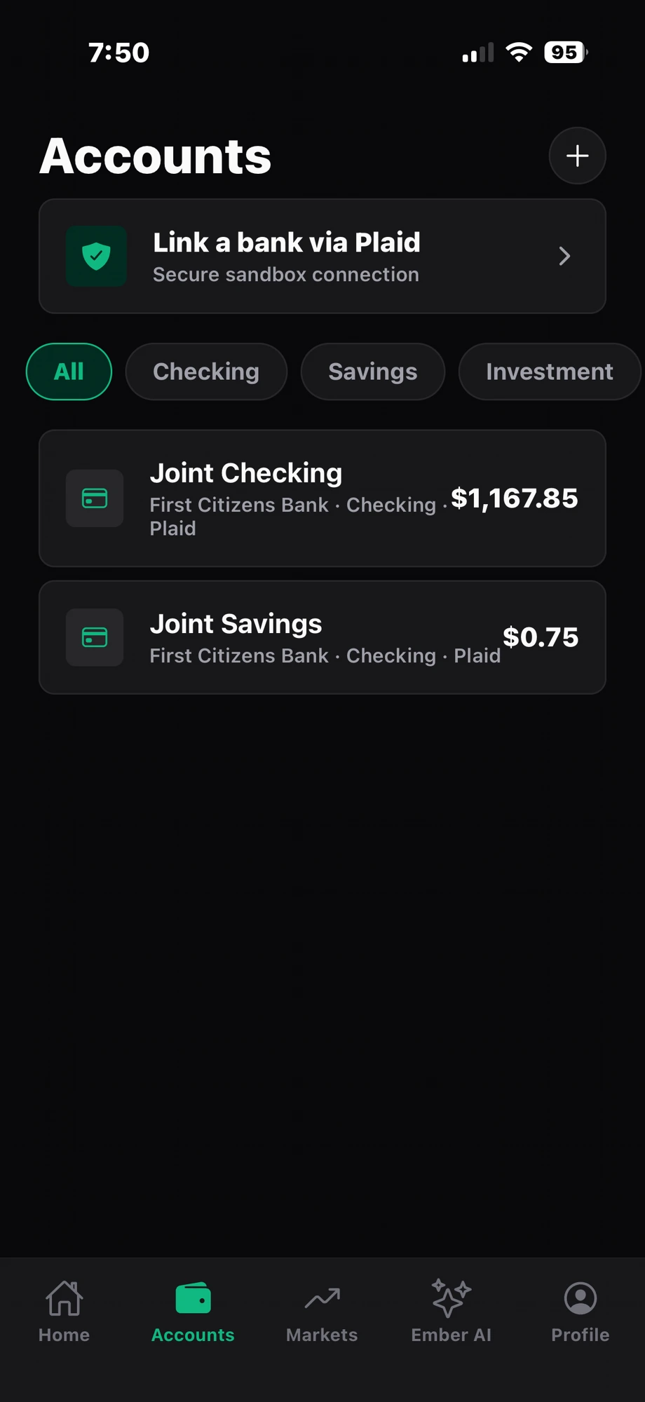 Ember360 Accounts screen