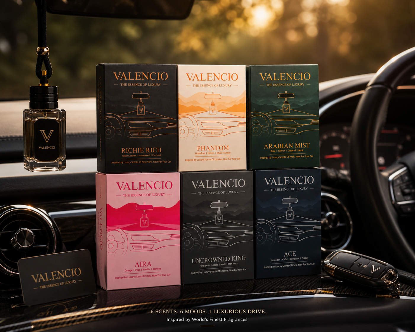The Valencio collection on a car dashboard at sunset