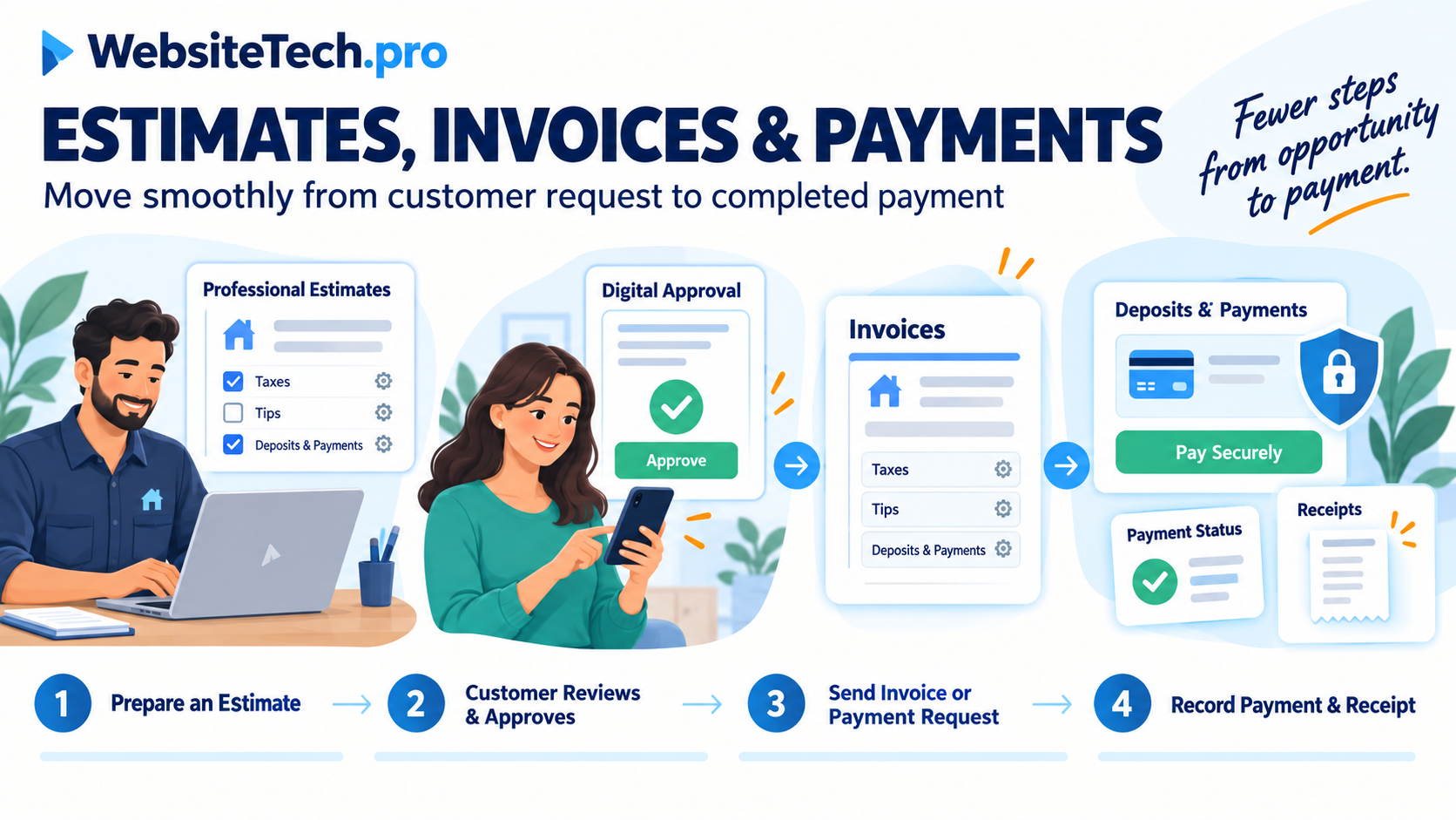 Estimates, Invoices & Payments — Move smoothly from customer request to completed payment.