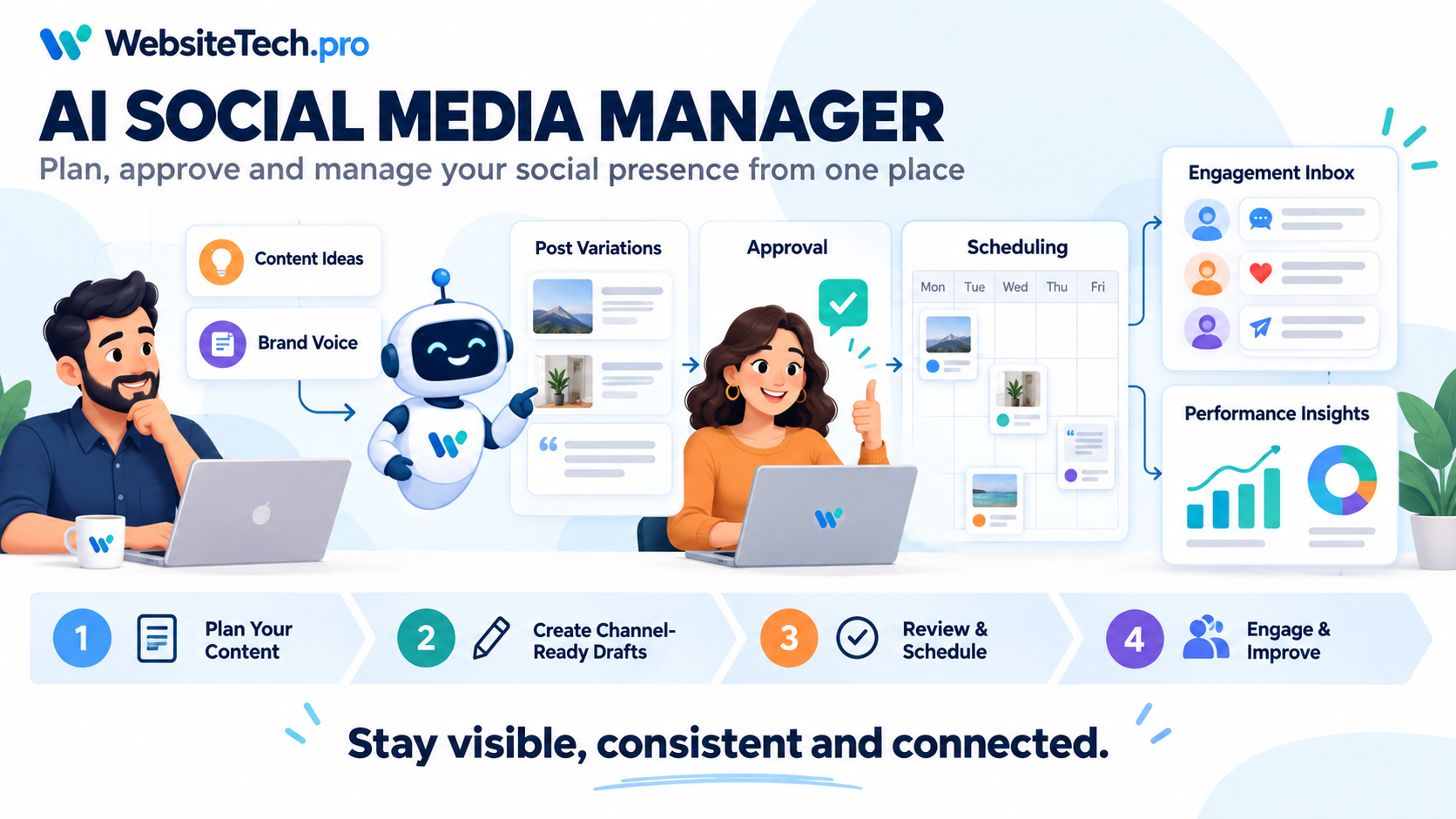 AI Social Media Manager — Plan, approve and manage your social presence from one place.
